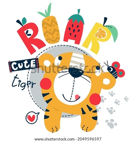 Little tiger cartoon like fruits isolated on white background illustration vector, T-Shirt design for kids.