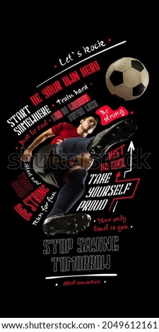 Poster. Bottom view of young man in football kit, professional football player in motion with ball isolated on dark background with lettering, graphics and quotes. Concept of active lifestyle, health