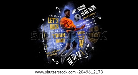 At explosion of colorful powder. Sportive african-american man, male football player in motion and action with ball isolated on dark background with lettering, graphics and quotes. Collage