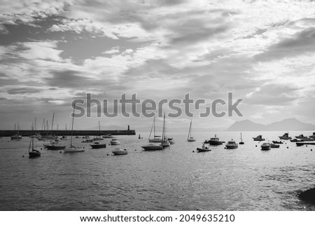 Anchored boats in bay, monochrome. Yachts in port, black and white. Marine transportation concept. Luxury sailboats. Nautical vessel concept. Marine navigation concept. 