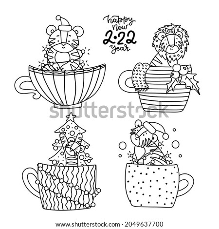 Symbol of 2022 little tiger in hand drawn liner style. New Year coloring page set. Black on white line art illustration.