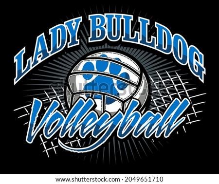lady bulldog volleyball team design with paw print inside ball and net for school, college or league