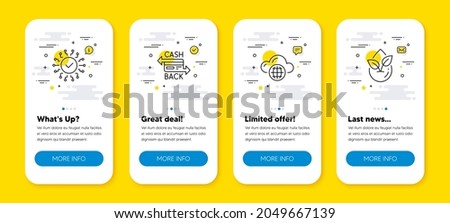 Vector set of Cloud computing, Cashback card and Security network line icons set. UI phone app screens with line icons. Organic product icon. Internet storage, Money payment, Cyber system. Vector