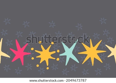 Cute cartoon colorful stars . Seamless ribbon border. Vector illustration. Copy space.