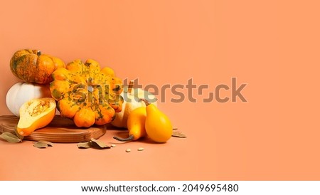 Spicy pumpkins on the wooden cutting board.Concept og the harvest and thanksgiving day.Copy space for text,large banner.