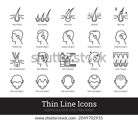 Alopecia, hair loss treatment thin line icons. Vector linear pictograms related to hair health care, loss problem, baldness, laser therapy. Icon set isolated on white background. Editable strokes. Royalty-Free Stock Photo #2049702935