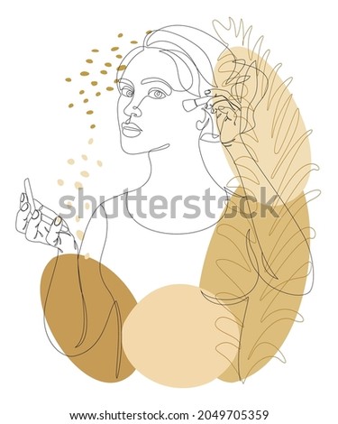 Silhouette of a lady. A woman does makeup, paints blush in a modern style with one continuous line and plant leaves. Sketches for decor, posters, stickers, logo. Vector illustration.