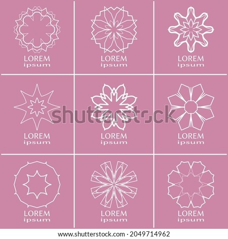 Vector design elements set, round line patterns, logo templates. Monochrome geometric mandala ornaments in trendy linear style for luxury products, organic cosmetics packaging, business cards
