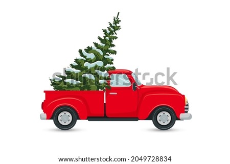 Red truck carrying a Christmas tree, isolated clip art on white background, vector illustration in flat cartoon style, postcard, banner