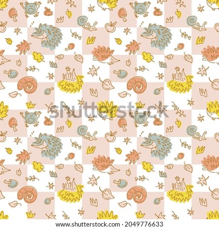 Pastel colored autumn seamless pattern of hedgehogs on a checkered background. Perfect for fabric, scrapbooking, textile and prints. Sketch style illustration for decor and design.