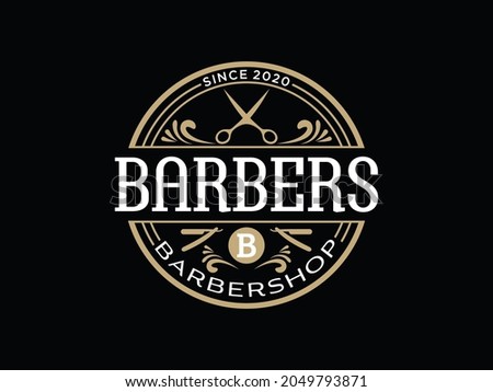 Modern vintage logo and mustache icon of barber shop vector design.  hair cut and beard shave equipment or hairdresser tools ideal classic design for barbershop
