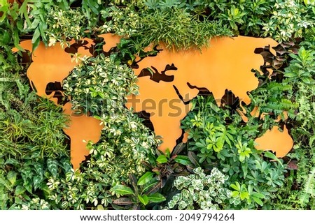 pattern wall of world map with green wall of plant shrub. Exterior decoration of wall facade with background of nature sustainability. Trees and plants at behind figure of earth outline.