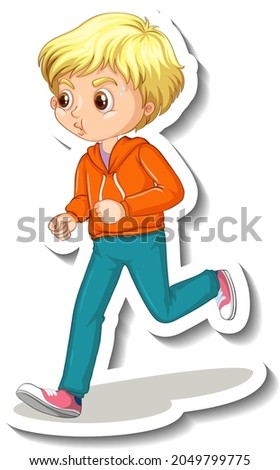 Cartoon character sticker with a boy jogging on white background illustration