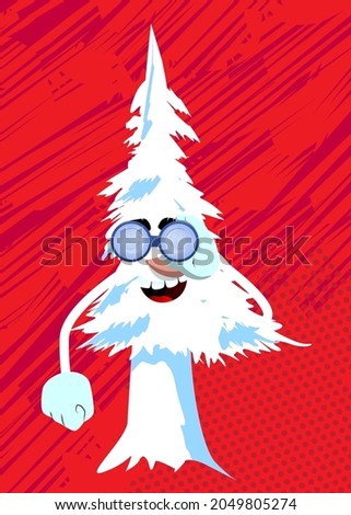 Cartoon winter pine trees with faces looking through binoculars. Cute forest trees. Snow on pine cartoon character, funny holiday vector illustration.