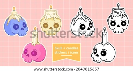Kawaii cute vector illustration icon graphic badge design set of colorful halloween spooky magic witchy cartoon skulls with candles on top for printable sticker scrapbooking journaling digistamp decor
