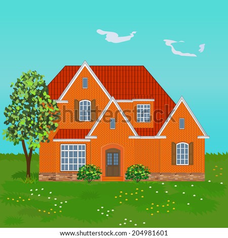 family brick house on a background of grass and sky, illustration