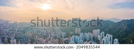 aerial view cityscape of Hong Kong, near the iconic Lion Rock Mountain, panorama