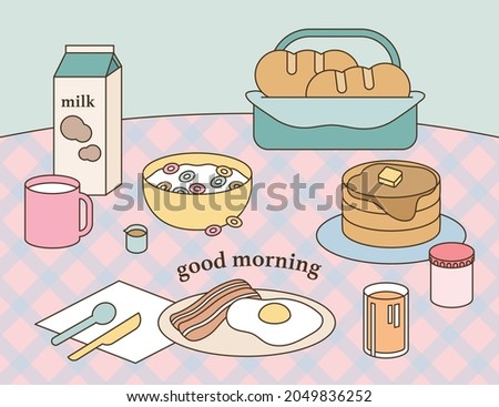 breakfast table. Food is placed on a table lined with a checkered mat. outline simple vector illustration.