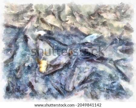 Fish scramble for food watercolor style illustration impressionist painting.