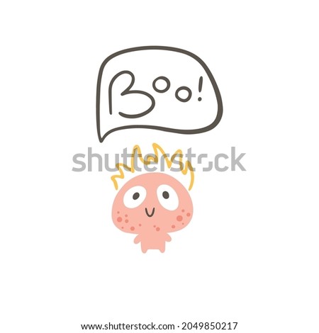 A monster with a fire on its head. Says - boo. Cute cartoon character in simple hand-drawn Scandinavian style. Vector childish doodle illustration. Baby card, print for clothes