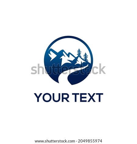 Mountain vector logo with road and fir trees 