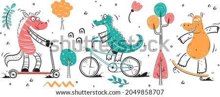 Collection of funny animals doing exercise are isolated on white background. Crocodile, hippopotamus, horse. Hand drawn flat and doodle style for design.