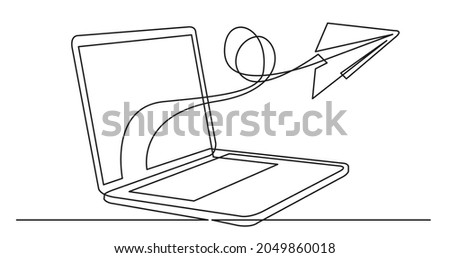 one line drawing of laptop computer with paper plane as business concept of startup Royalty-Free Stock Photo #2049860018