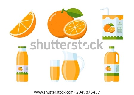 Orange Fruit and Juice Elements Collection. Flat Style citrus items set: orange slice and whole fruit, orange juice packages (carton, glass, jug, Plastic and glass bottle). Premium vector Royalty-Free Stock Photo #2049875459