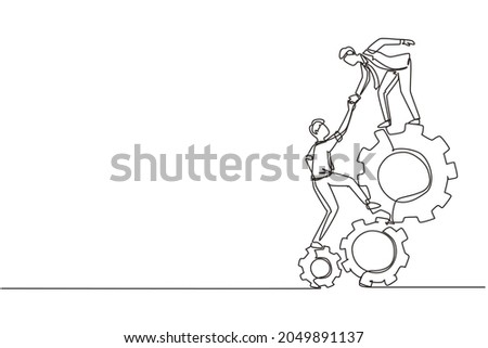 Single one line drawing two young businessmen helping each other to go up to pile of cogs. Teamwork people trust assistance. Technology gear collaboration solution. Continuous line draw design vector Royalty-Free Stock Photo #2049891137
