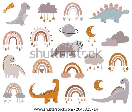 Vector boho clipart for nursery decoration with cute dinosaur, rainbows, moon, cloud, stars. Modern illustration. Perfect for baby shower, birthday, children's party. 