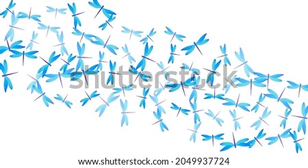 Fairy cyan blue dragonfly flat vector illustration. Summer pretty insects. Fancy dragonfly flat fantasy background. Tender wings damselflies patten. Nature beings