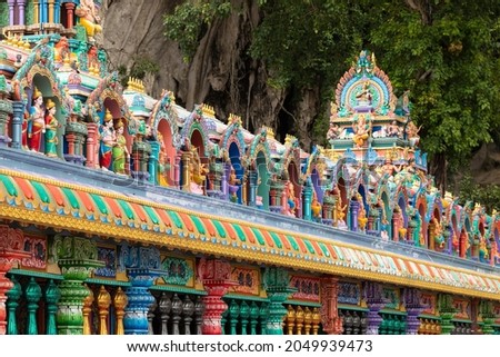 Closeup of the religious decorative motifs of Hindu temples, near the Batu Caves, in the Gombak District, Selangor, Malaysia