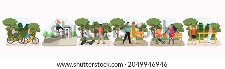 People riding bicycle, electric scooter, skateboarding, training, walking in park, vector illustration. Outdoor leisure.