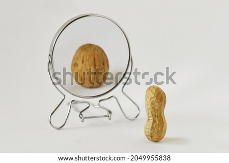 Peanut looking in the mirror and seeing itself as a walnut - Concept of dysmorphobia, anorexia, distorted self-image Royalty-Free Stock Photo #2049955838