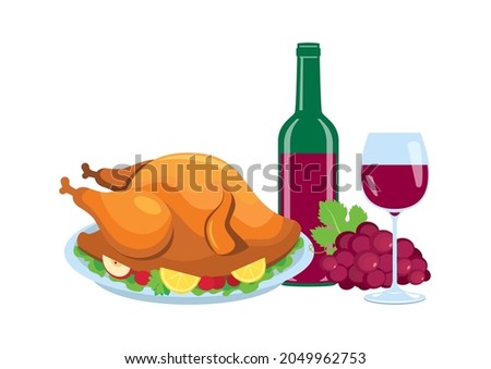 Thanksgiving dinner with roasted turkey and glass of red wine illustration. Traditional thanksgiving food and drink icon isolated on a white background. Autumn food still life illustration