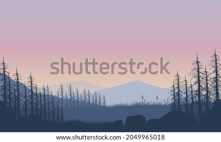 Wonderful mountain view with the silhouette of the pine trees in the evening from the edge of the city. Vector illustration of a city