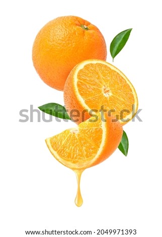 Fresh Orange juice dripping isolated on white background.  Royalty-Free Stock Photo #2049971393