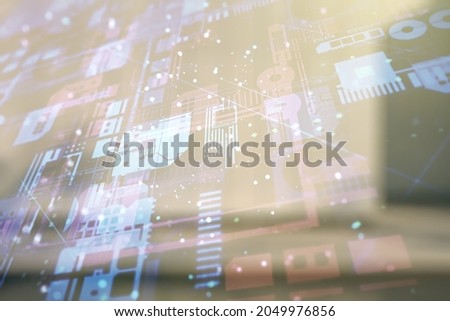 Double exposure of abstract creative programming illustration on contemporary business center exterior background, big data and blockchain concept