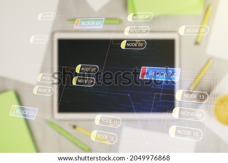Multi exposure of abstract software development hologram and digital tablet on background, top view, research and analytics concept