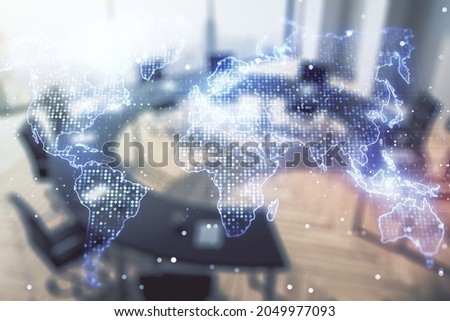 Abstract creative digital world map on a modern coworking room background, globalization concept. Multiexposure
