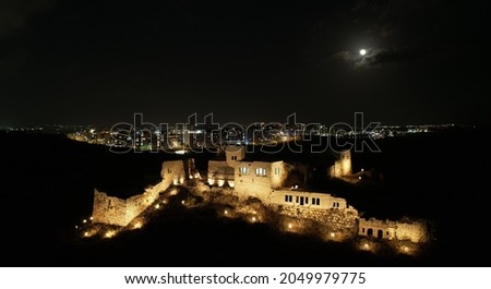 Migdal Afek a national park in Israel in a moon light pic from a drone