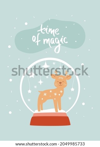 Cute deer in snow ball. Time of magic card with wild baby animal in abstract glass globe with stars. Beautiful Christmas and New year banner, winter vector illustration.