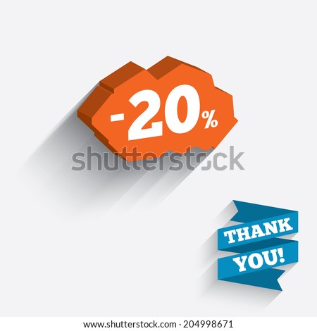 20 percent discount sign icon. Sale symbol. Special offer label. White icon on orange 3D piece of wall. Carved in stone with long flat shadow. Vector