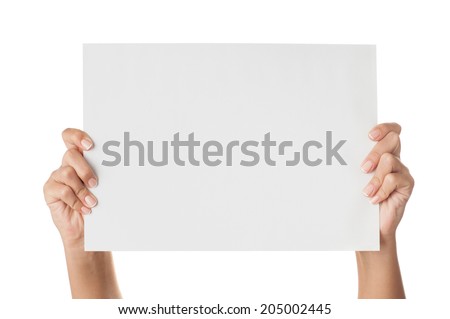 Woman hands holding paper isolated on white.