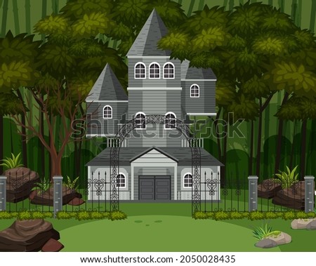 Scene with haunted halloween mansion illustration