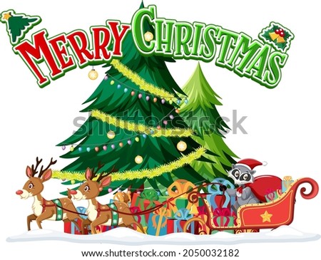 Merry Christmas text logo with Christmas and decorations illustration
