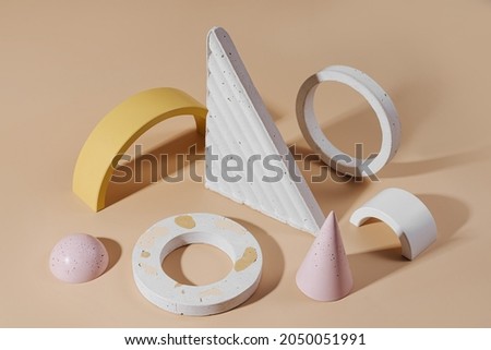 Geometric concrete figure and stones on pastel background. Modern set from various materials and geometric shapes.
