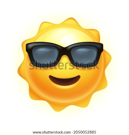 Happy smiling Sun emoji with sunglasses. Summer icon, hot weather 3D vector illustration