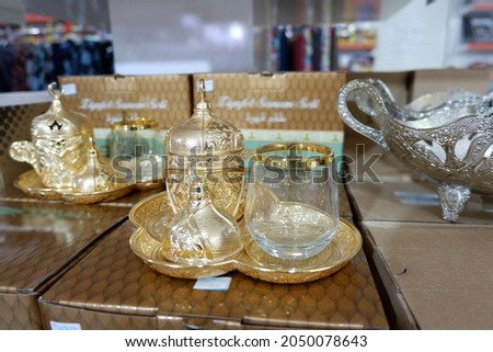Turkish Coffee Cup Set at Souvenir Shop.Selective focus.