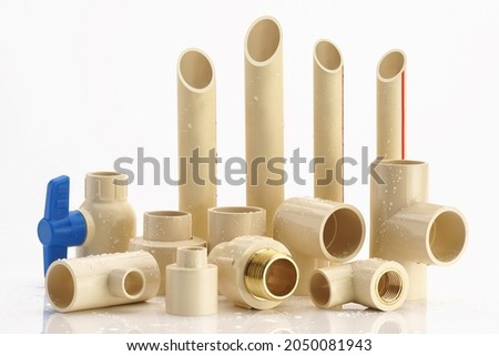 UPVC  CPVC Fittings for polypropylene pipes. Elements for pipelines. plastic piping elements. They are designed for connecting pipes. Concept sale of polypropylene fittings. Royalty-Free Stock Photo #2050081943